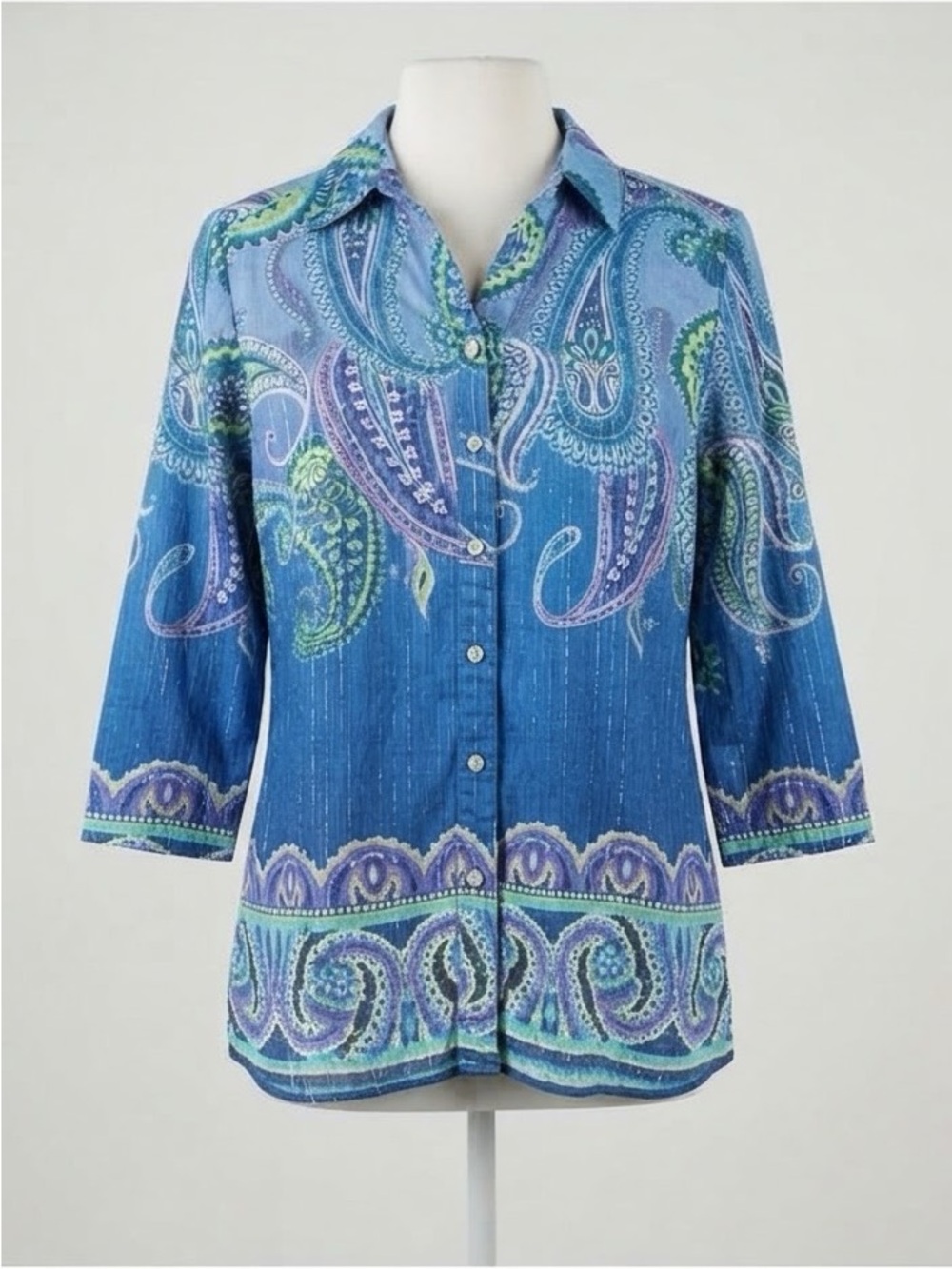 Chico's Blue Paisley Button-Down Shirt with Teal & Purple Accents